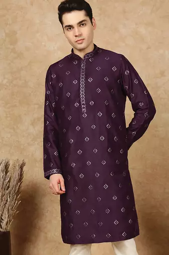 Purple cotton solid kurta for men