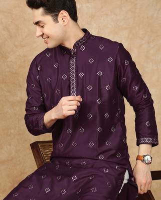 Purple cotton solid kurta for men 2