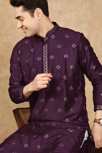 Purple cotton solid kurta for men
