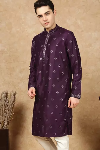 Purple cotton solid kurta for men