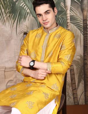 Mustard silk blend sequins kurta for men 1
