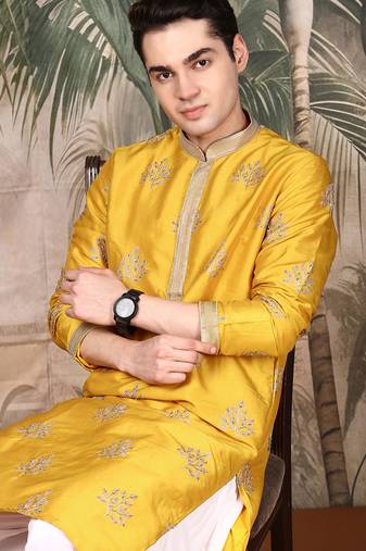Mustard silk blend sequins kurta for men