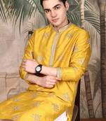 Mustard silk blend sequins kurta for men