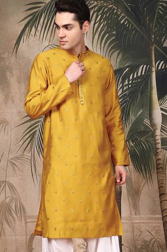 Mustard silk blend sequins kurta for men