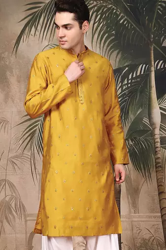 Mustard silk blend sequins kurta for men