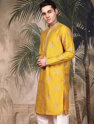 Mustard silk blend sequins kurta for men 2
