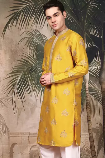 Mustard silk blend sequins kurta for men