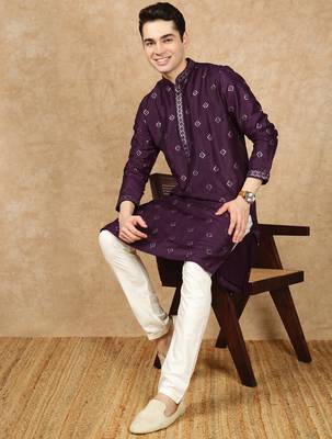 Purple cotton solid kurta for men 5