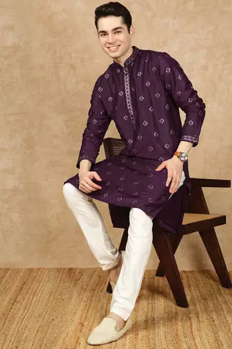 Purple cotton solid kurta for men
