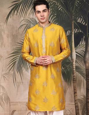 Mustard silk blend sequins kurta for men 3
