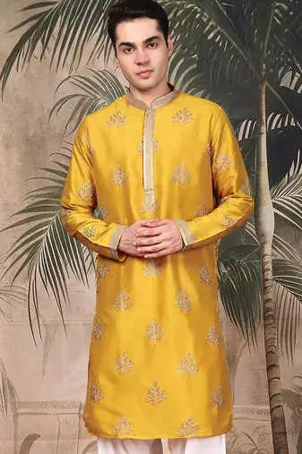 Mustard silk blend sequins kurta for men