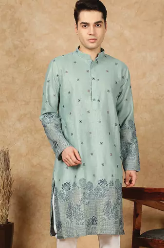 Green cotton solid kurta for men