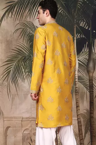 Mustard silk blend sequins kurta for men