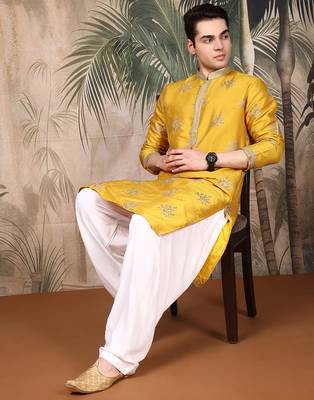 Mustard silk blend sequins kurta for men 5