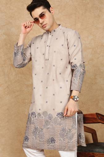 Beige cotton solid kurta for men