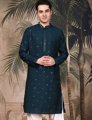 Deep blue silk embroidred kurta for men 1