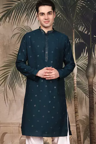 Deep blue silk embroidred kurta for men