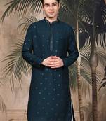 Deep blue silk embroidred kurta for men