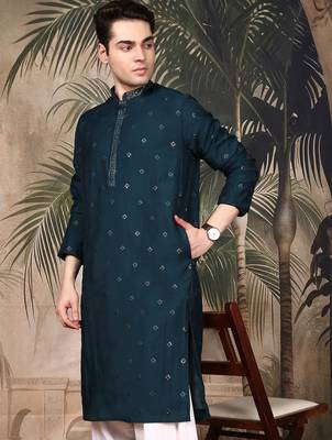 Deep blue silk embroidred kurta for men 2