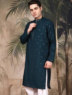 Deep blue silk embroidred kurta for men 3