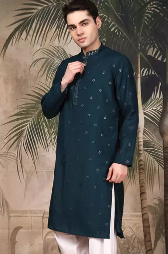 Deep blue silk embroidred kurta for men