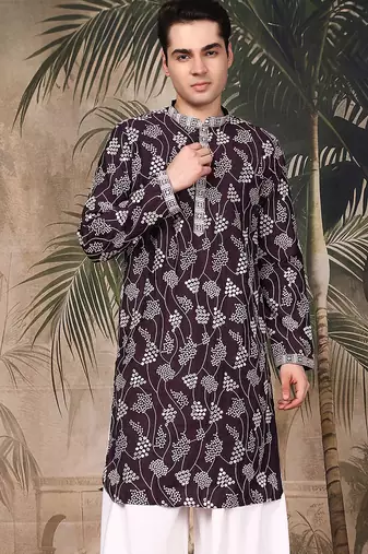 Purple silk embroidred kurta for men