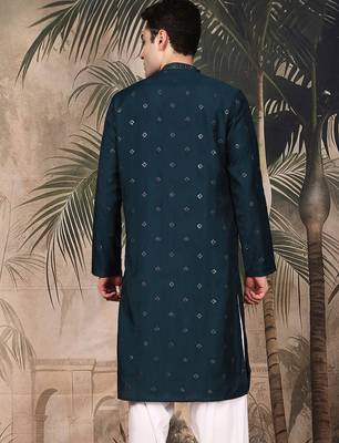 Deep blue silk embroidred kurta for men 4