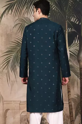 Deep blue silk embroidred kurta for men