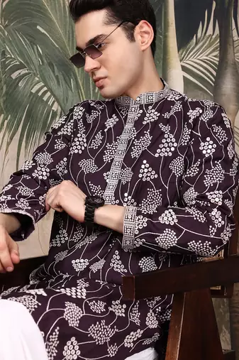 Purple silk embroidred kurta for men
