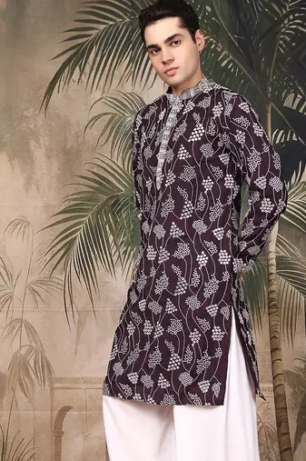Purple silk embroidred kurta for men