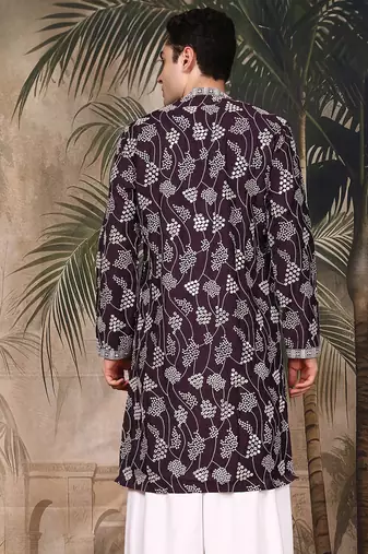 Purple silk embroidred kurta for men