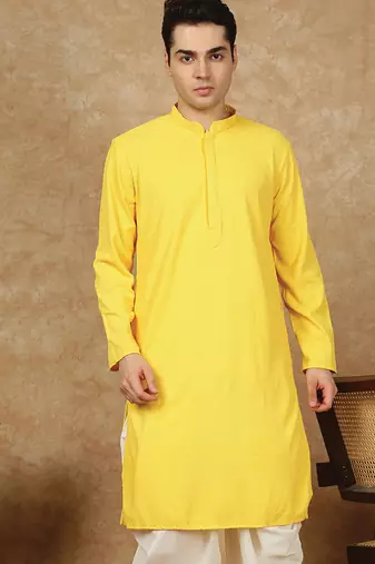 Yellow polysilk sequins kurta for men