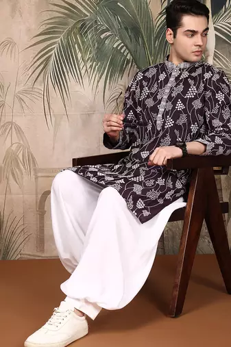 Purple silk embroidred kurta for men
