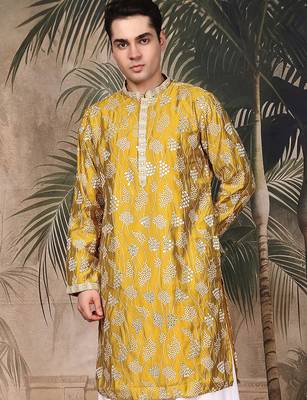 Mustard silk embroidred kurta for men 1