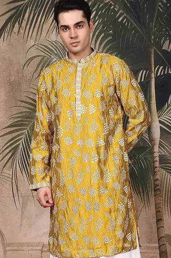 Mustard silk embroidred kurta for men