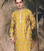 Mustard silk embroidred kurta for men