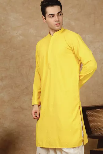 Yellow polysilk sequins kurta for men