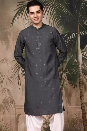 Grey silk embroidred kurta for men