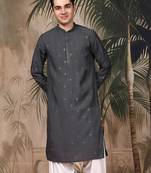 Grey silk embroidred kurta for men