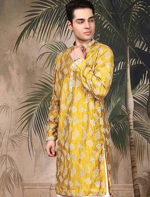 Mustard silk embroidred kurta for men 2