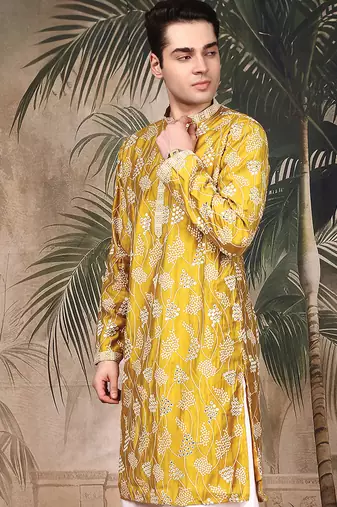 Mustard silk embroidred kurta for men