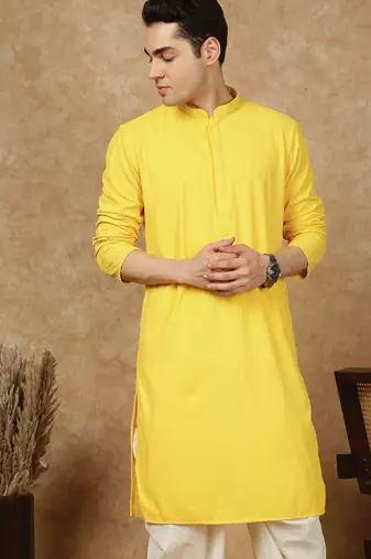 Yellow polysilk sequins kurta for men