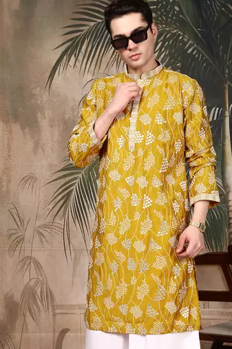 Mustard silk embroidred kurta for men