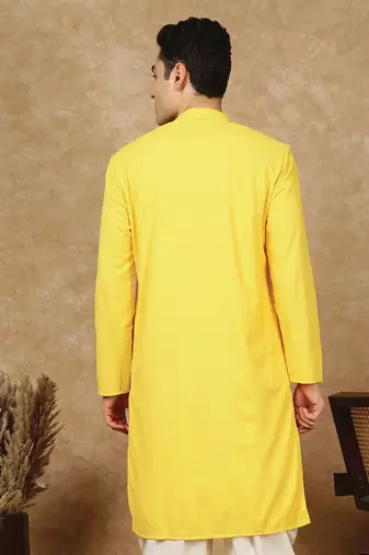 Yellow polysilk sequins kurta for men