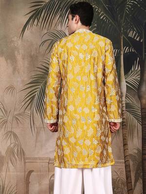 Mustard silk embroidred kurta for men 4
