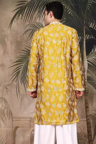 Mustard silk embroidred kurta for men