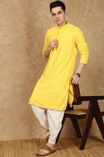 Yellow polysilk sequins kurta for men