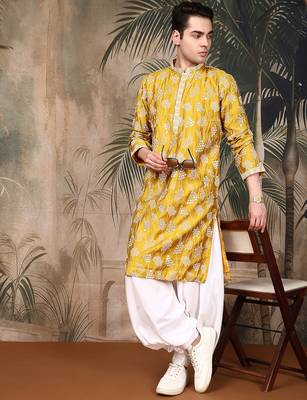 Mustard silk embroidred kurta for men 5