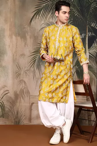 Mustard silk embroidred kurta for men
