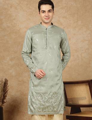 Green polysilk sequins kurta for men 1